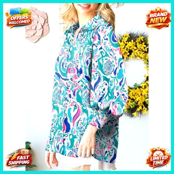 Loose V-Neck Blouse Lantern Sleeve Boho Chic Oversized Top Paisley Print - Picture 4 of 7